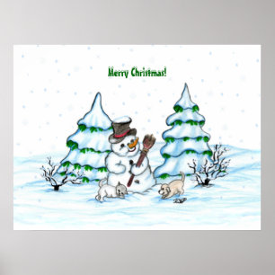 メリークリスマス！猫と子犬と雪だるま ポスター