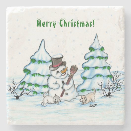 メリークリスマス！猫と子犬のいる雪だるま ストーンコースター (正面)