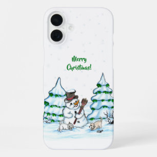 メリークリスマス!猫と子犬のいる雪だるま iPhone 16 PLUSケース