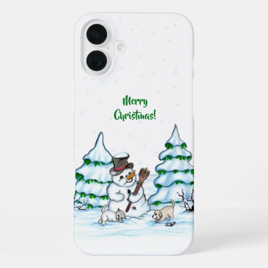 メリークリスマス！猫と子犬のいる雪だるま iPhoneケース (裏面)