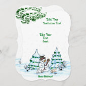 メリークリスマス!猫と子犬のインヴィータとの雪だるま 招待状 (正面/裏面)