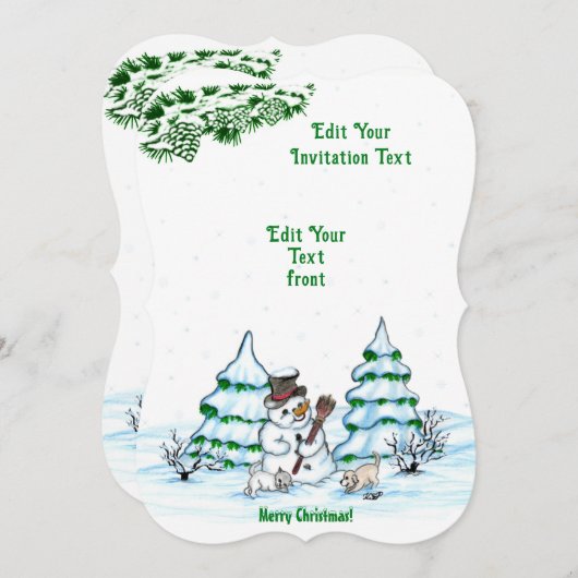 メリークリスマス!猫と子犬のインヴィータとの雪だるま 招待状 (正面/裏面)