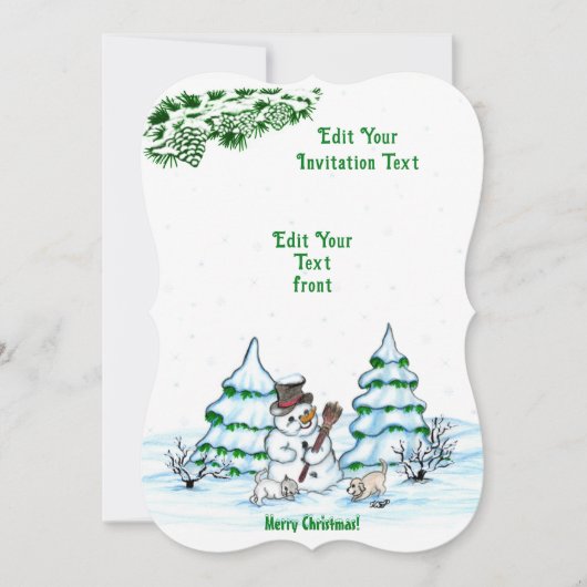 メリークリスマス!猫と子犬のインヴィータとの雪だるま 招待状 (正面)