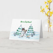 メリークリスマス！猫と子犬の雪だるま カード (黄色い花)