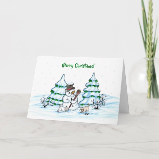 メリークリスマス！猫と子犬の雪だるま カード (正面)