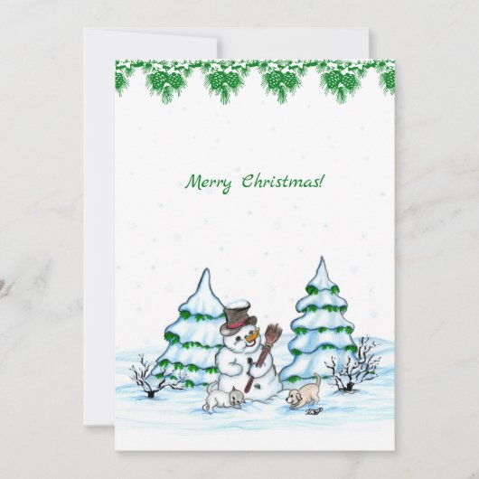 メリークリスマス！ 猫と子犬の雪だるま 招待状 (正面)