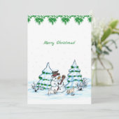 メリークリスマス！ 猫と子犬の雪だるま 招待状 (スタンド正面)