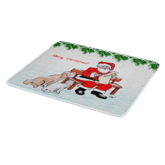 メリークリスマス – 猫と犬とサンタクロース カッティングボード (角)