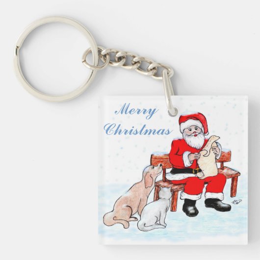 メリークリスマス – 猫と犬とサンタクロース キーホルダー (正面)
