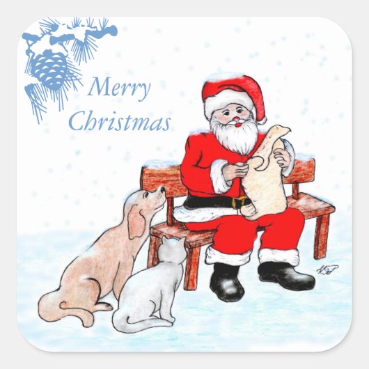 メリークリスマス – 猫と犬とサンタクロース スクエアシール (正面)