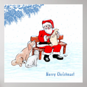 メリークリスマス - 猫と犬とサンタクロース ポスター