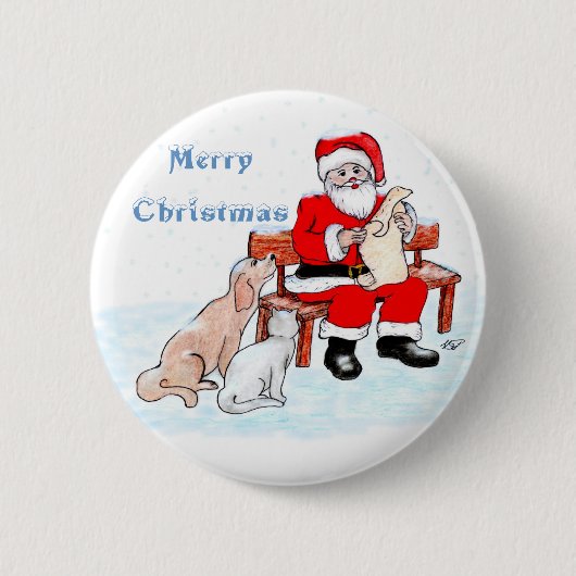 メリークリスマス – 猫と犬とサンタクロース 缶バッジ (正面)