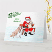 メリークリスマス！ 猫と犬のサンタクロース カード (黄色い花)