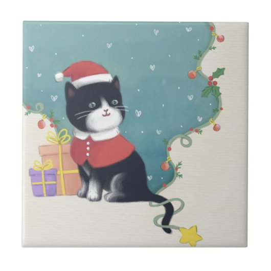 メリークリスマス：猫イラストレーションアート タイル (正面)