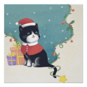 メリークリスマス:猫イラストレーションアート ポスター