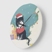 メリークリスマス:猫イラストレーションアート ラージ壁時計 (傾斜)