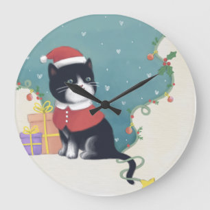 メリークリスマス：猫イラストレーションアート ラージ壁時計