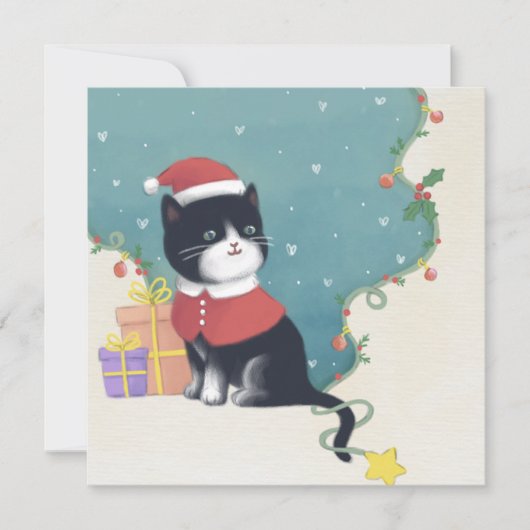 メリークリスマス：猫イラストレーションアート 招待状 (正面)