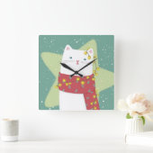 メリークリスマス:猫イラストレーション スクエア壁時計 (ホーム)