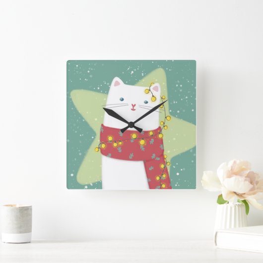 メリークリスマス:猫イラストレーション スクエア壁時計 (ホーム)