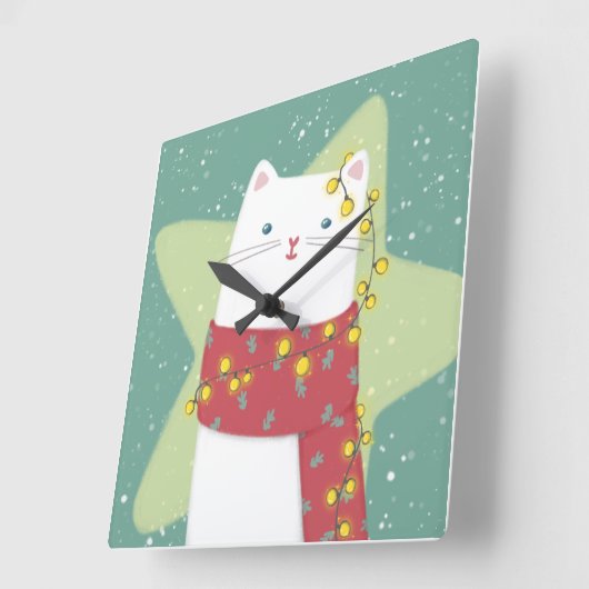メリークリスマス:猫イラストレーション スクエア壁時計 (傾斜)