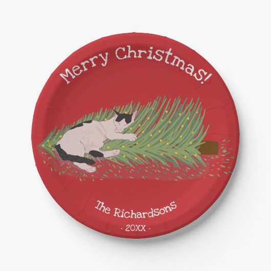メリークリスマス!猫vsクリスマスツリー休日 ペーパープレート (正面)