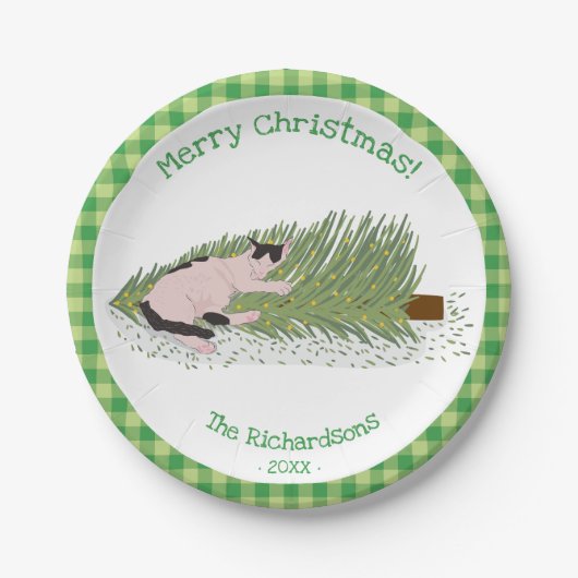 メリークリスマス!猫vsツリーグリーンギンガム ペーパープレート (正面)