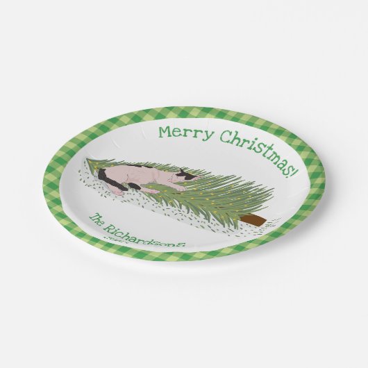 メリークリスマス!猫vsツリーグリーンギンガム ペーパープレート (アングル)