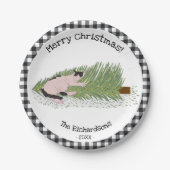 メリークリスマス!猫vs木の黒と白のギンガム ペーパープレート (正面)