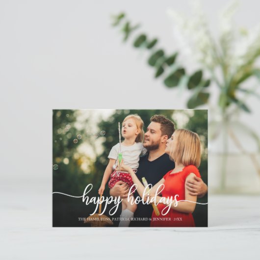 メリークリスマス 白いカリグラフィーの写真 クリスマスおめでとう ポストカード (スタンド正面)