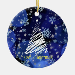 「メリークリスマス」白い木が青い深い セラミックオーナメント