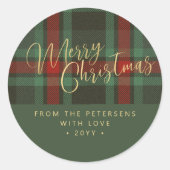 メリークリスマス 素朴なチェック柄 赤 緑 金色のスクリプト ラウンドシール (正面)