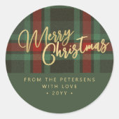 メリークリスマス　素朴なチェック柄　赤 緑 金色 スクリプト ラウンドシール (正面)