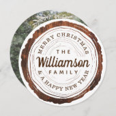 メリークリスマス 素朴な木目調の木のスライス シーズンカード (正面/裏面)