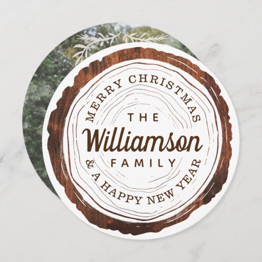 メリークリスマス 素朴な木目調の木のスライス シーズンカード (正面/裏面)