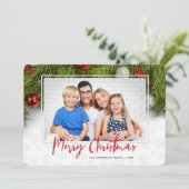 メリークリスマス |緑とオーナメント3枚の写真 シーズンカード (スタンド正面)