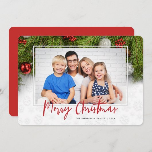 メリークリスマス |緑とオーナメント3枚の写真 シーズンカード (正面/裏面)