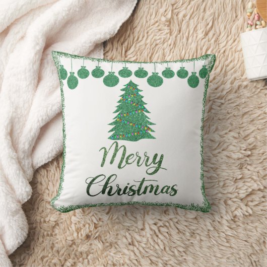 メリークリスマス – 緑のグリッターオーナメント クッション (ブランケット)