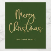 メリークリスマス |緑のフェイク金ゴールドカジュアルスクリプト ワインラベル (シングルラベル)