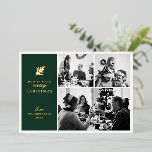 メリークリスマス.緑の金ゴールドのコラージュ数々の写真 箔シーズンカード (立ち正面)