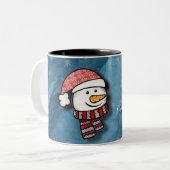 メリークリスマス、編み物服の雪だるま ツートーンマグカップ (正面左)