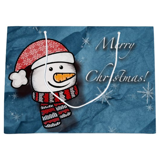 メリークリスマス、編み物服の雪だるま ラージペーパーバッグ (正面)
