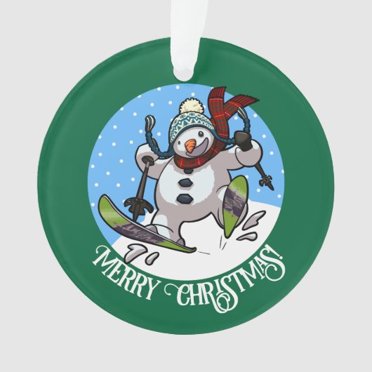 メリークリスマス!編集可能文字スキー雪だるま オーナメント (正面)