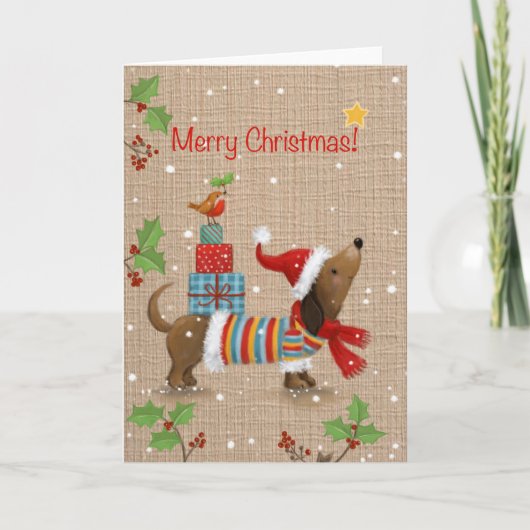 メリークリスマス、背中に贈り物を持った犬 カード (正面)