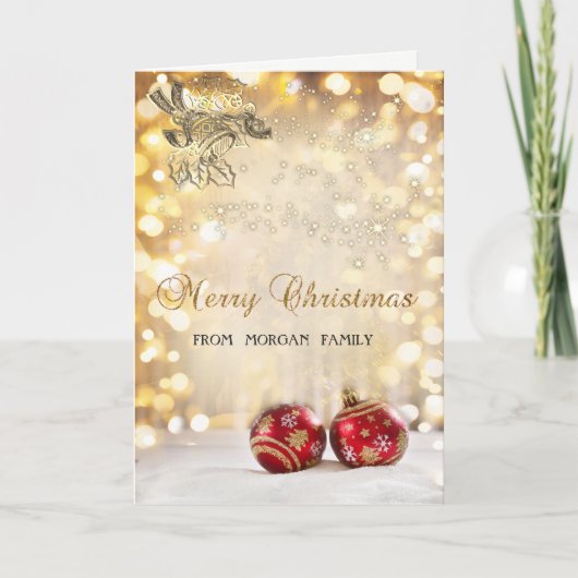 メリークリスマス、赤いクリスマスボール、ベル、ボケ シーズンカード (正面)