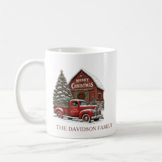 メリークリスマス 赤いトラックの家族名入り コーヒーマグカップ