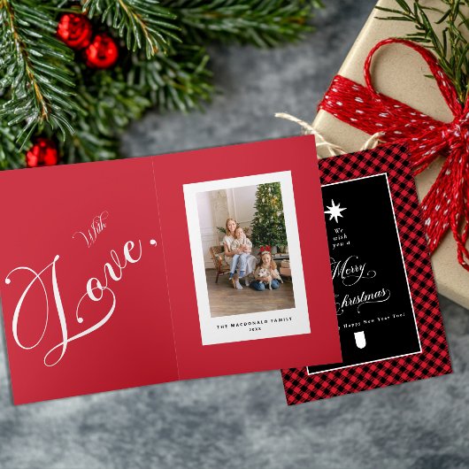 メリークリスマス 赤いバファローチェック 折りたたみ 写真入り カード