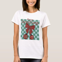 メリークリスマス 赤いリボンのオーナメント デザイン Tシャツ