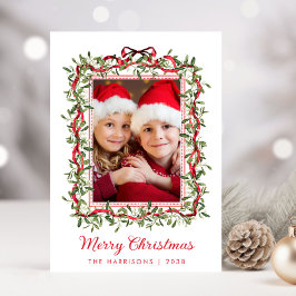 メリークリスマス 赤いリボン グリーン 水彩写真 シーズンカード
