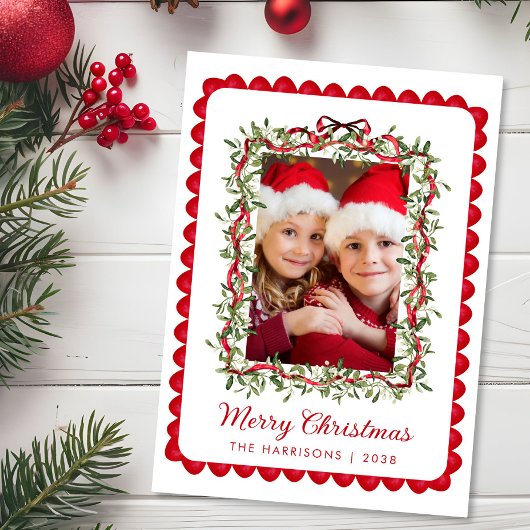 メリークリスマス 赤いリボン グリーン 水彩写真 シーズンカード